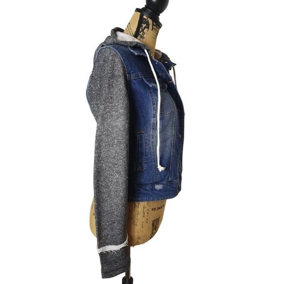 Women's Denim Hooded Jean Jacket Knit Distressed Button Up XS - Picture 4 of 5